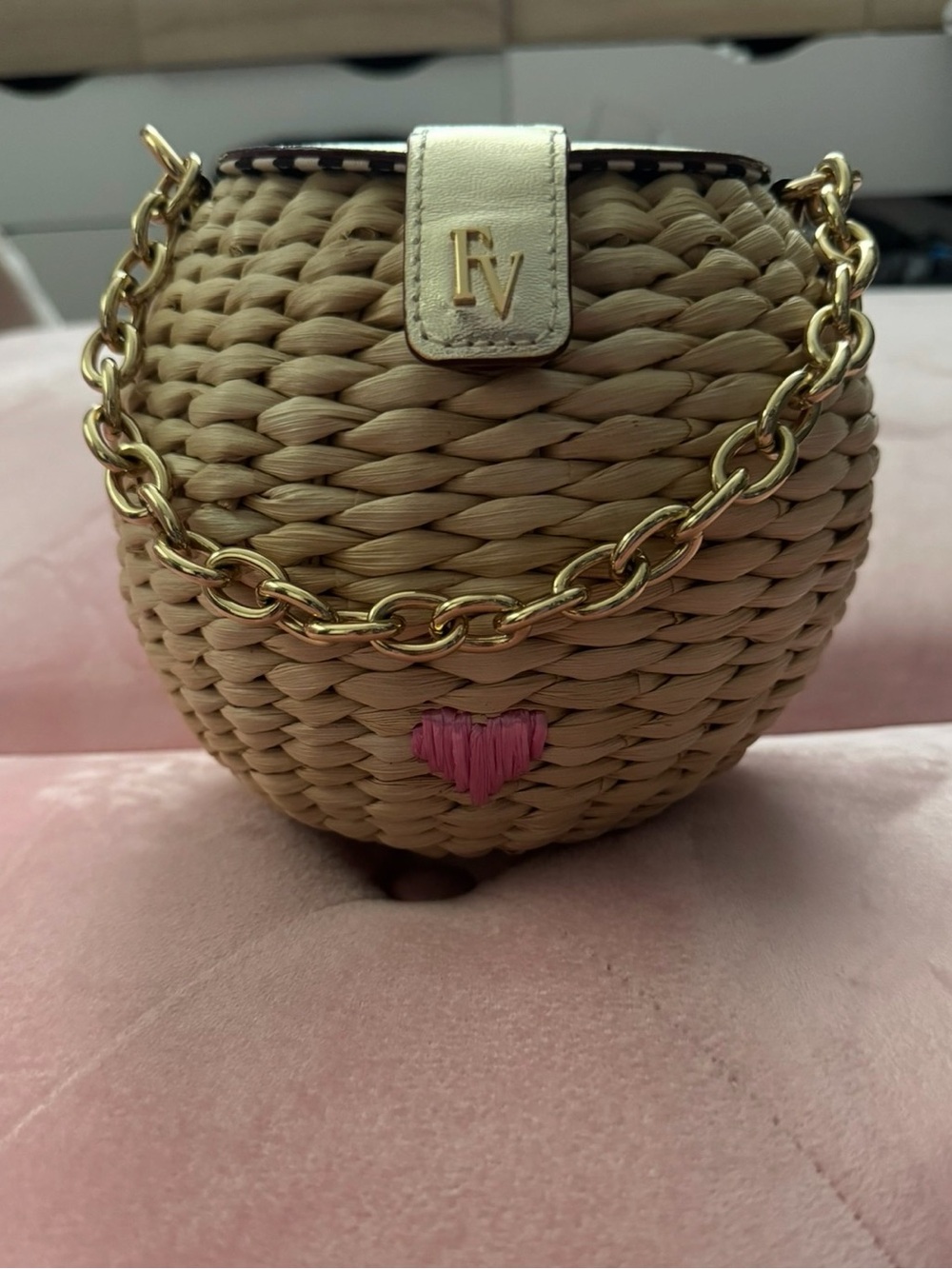 Frances Valentine Natural Straw Mini Bag with Pink Heart and Gold Chain
